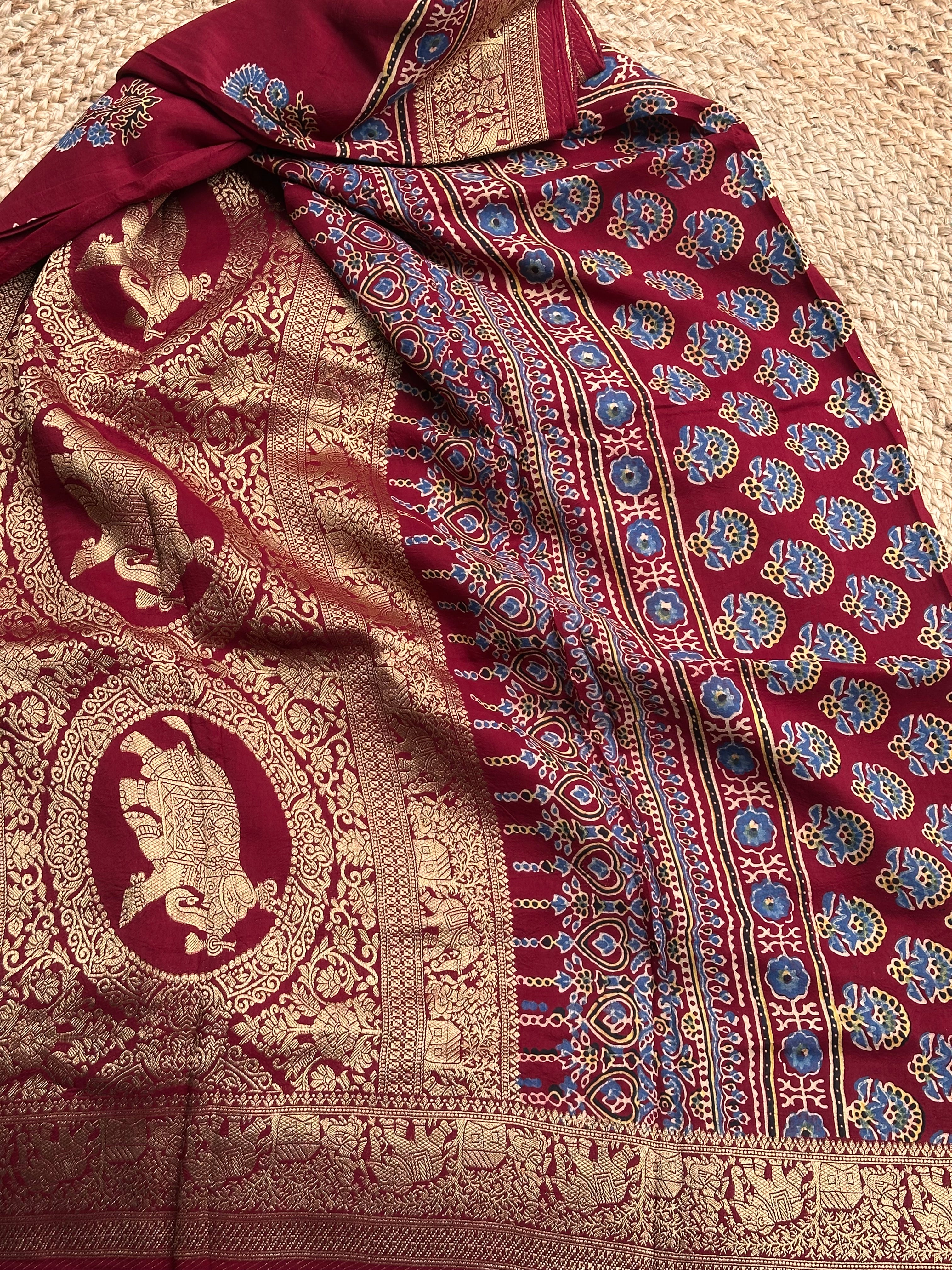 Maroon Ajrak dola silk sarees