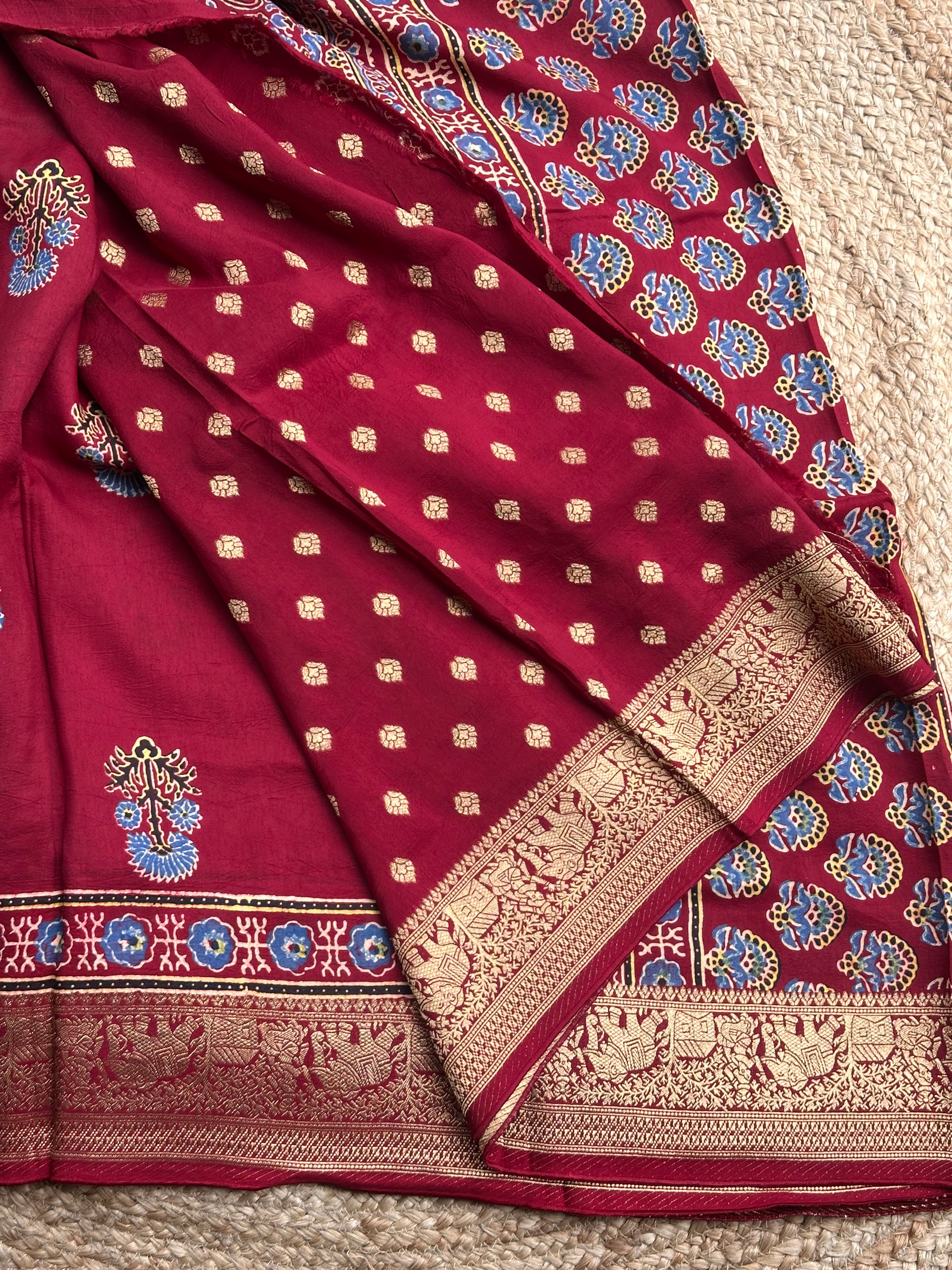 Maroon Ajrak dola silk sarees