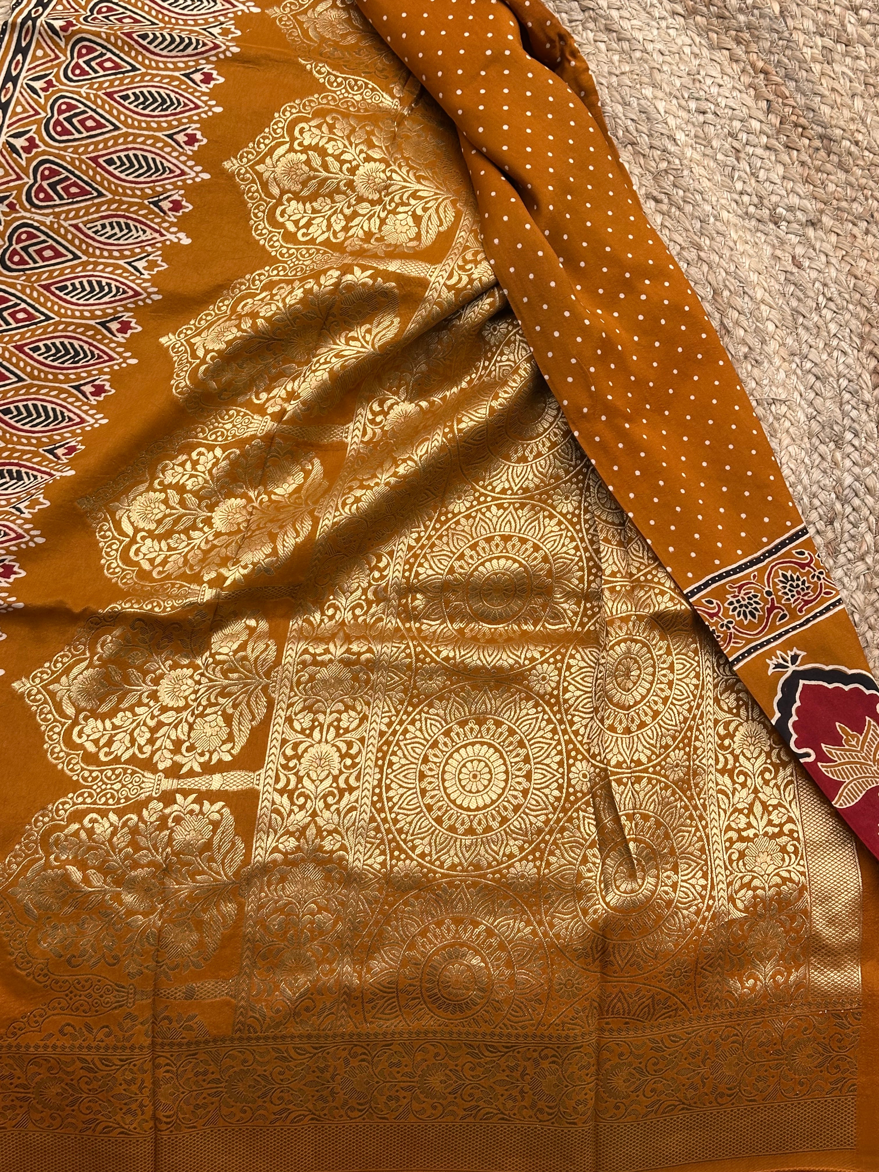 Mustard Ajrak dola silk sarees