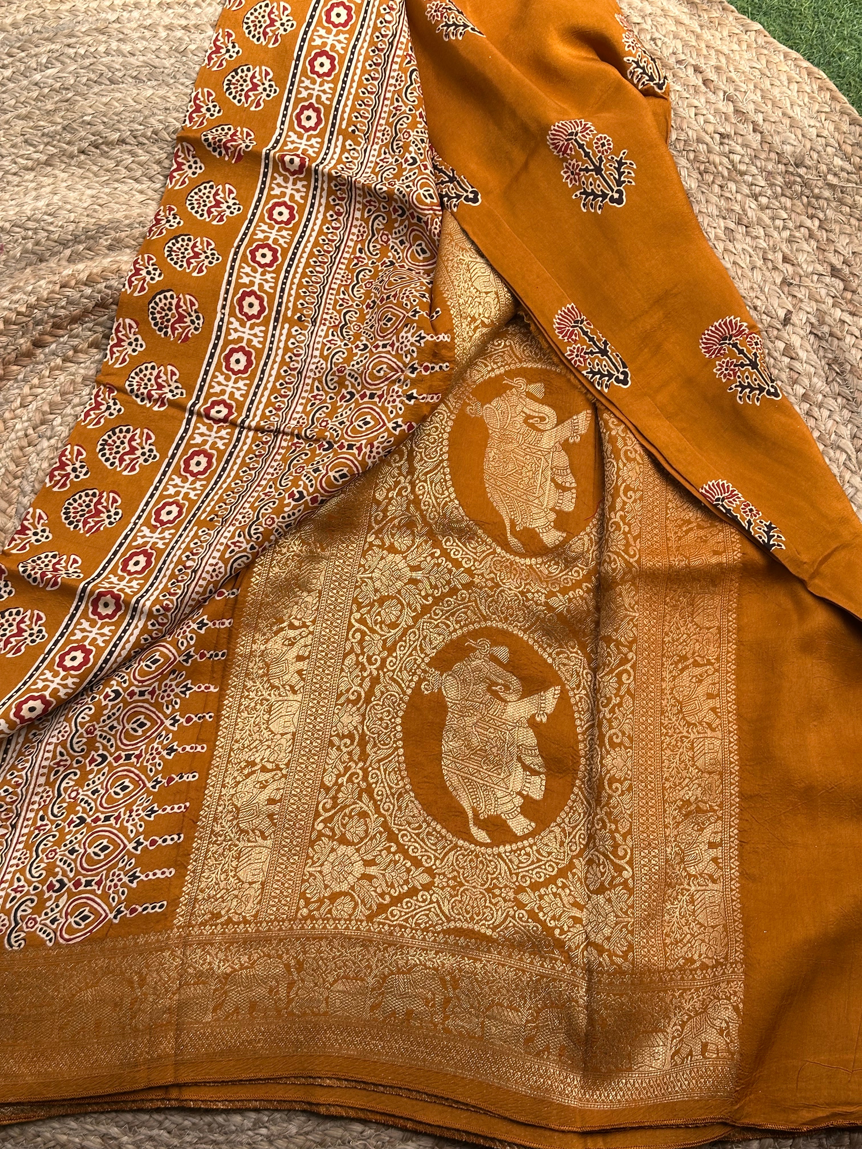 Mustard dola Ajrak silk sarees