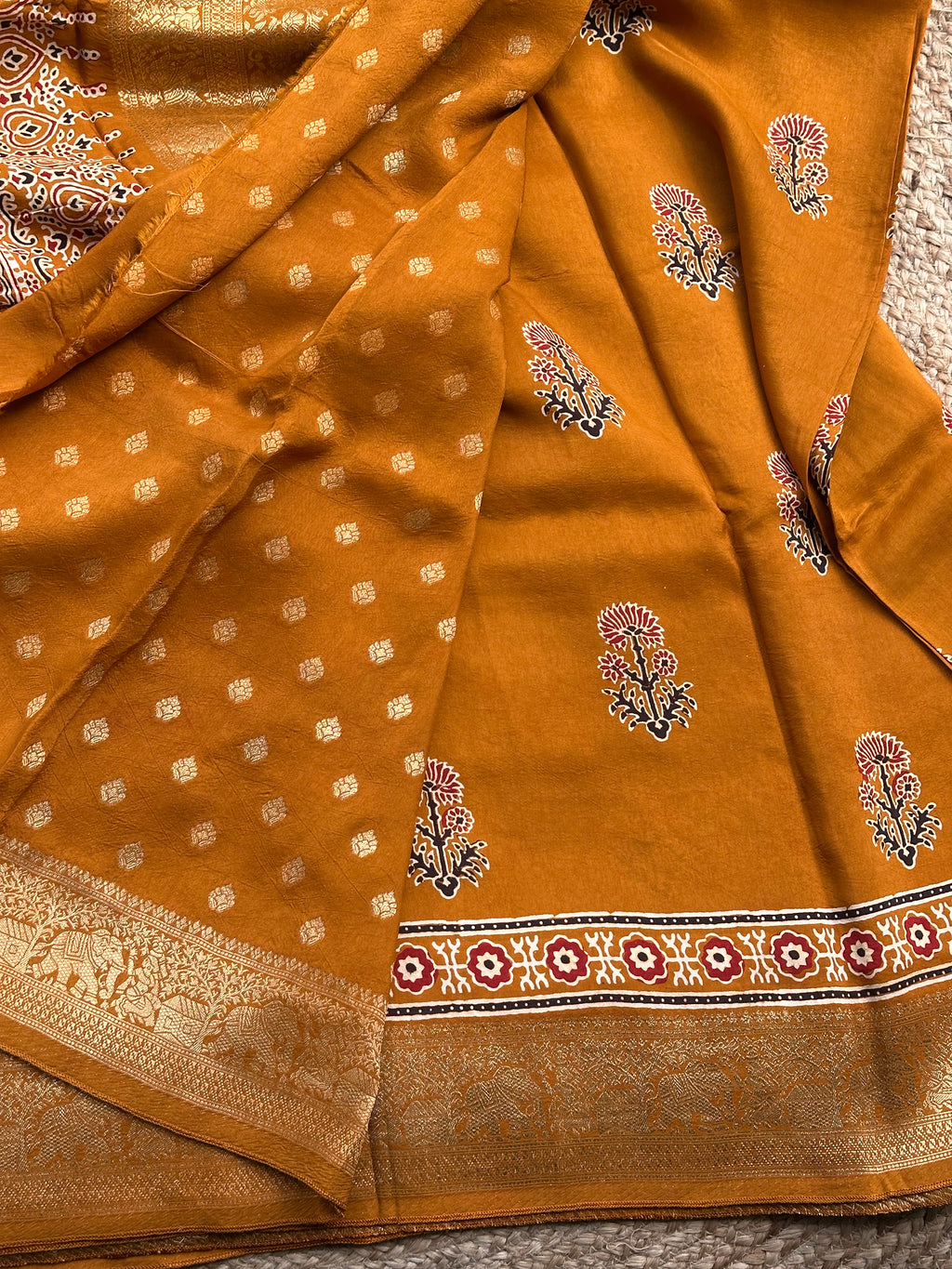 Mustard dola Ajrak silk sarees
