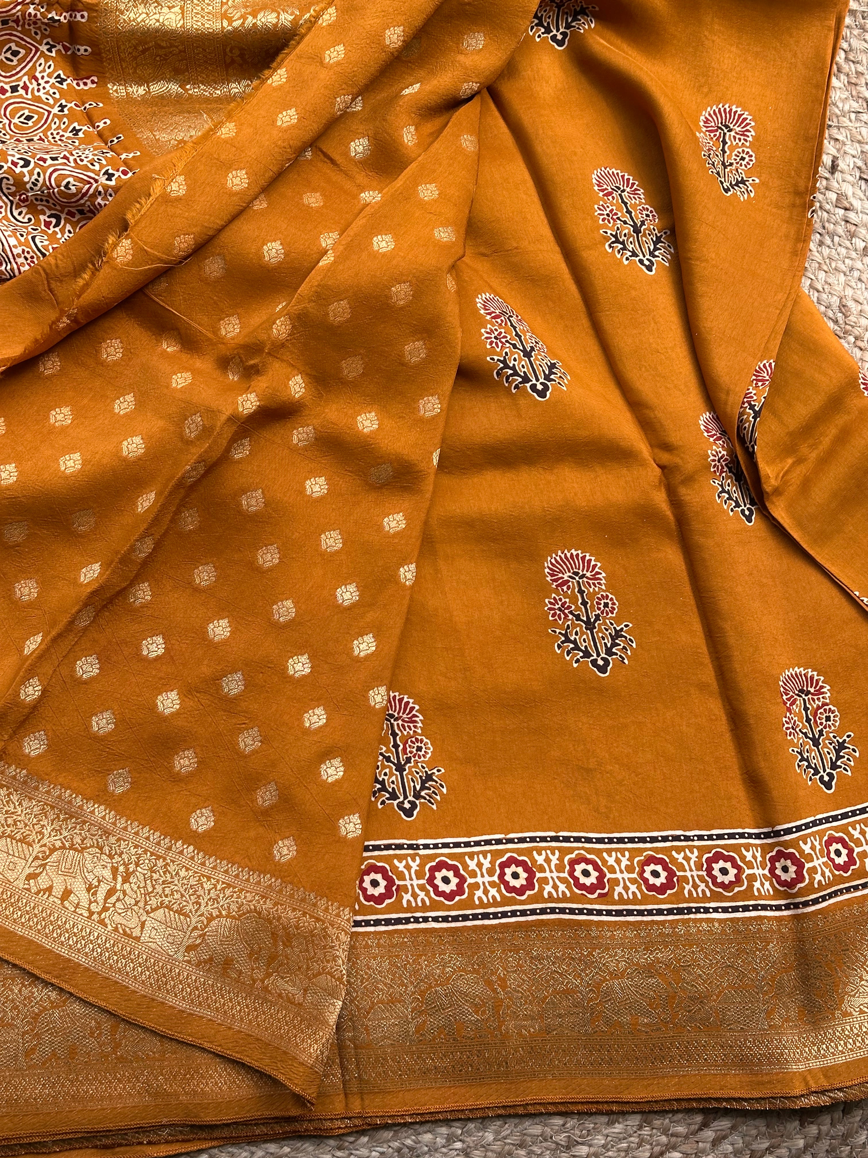 Mustard dola Ajrak silk sarees