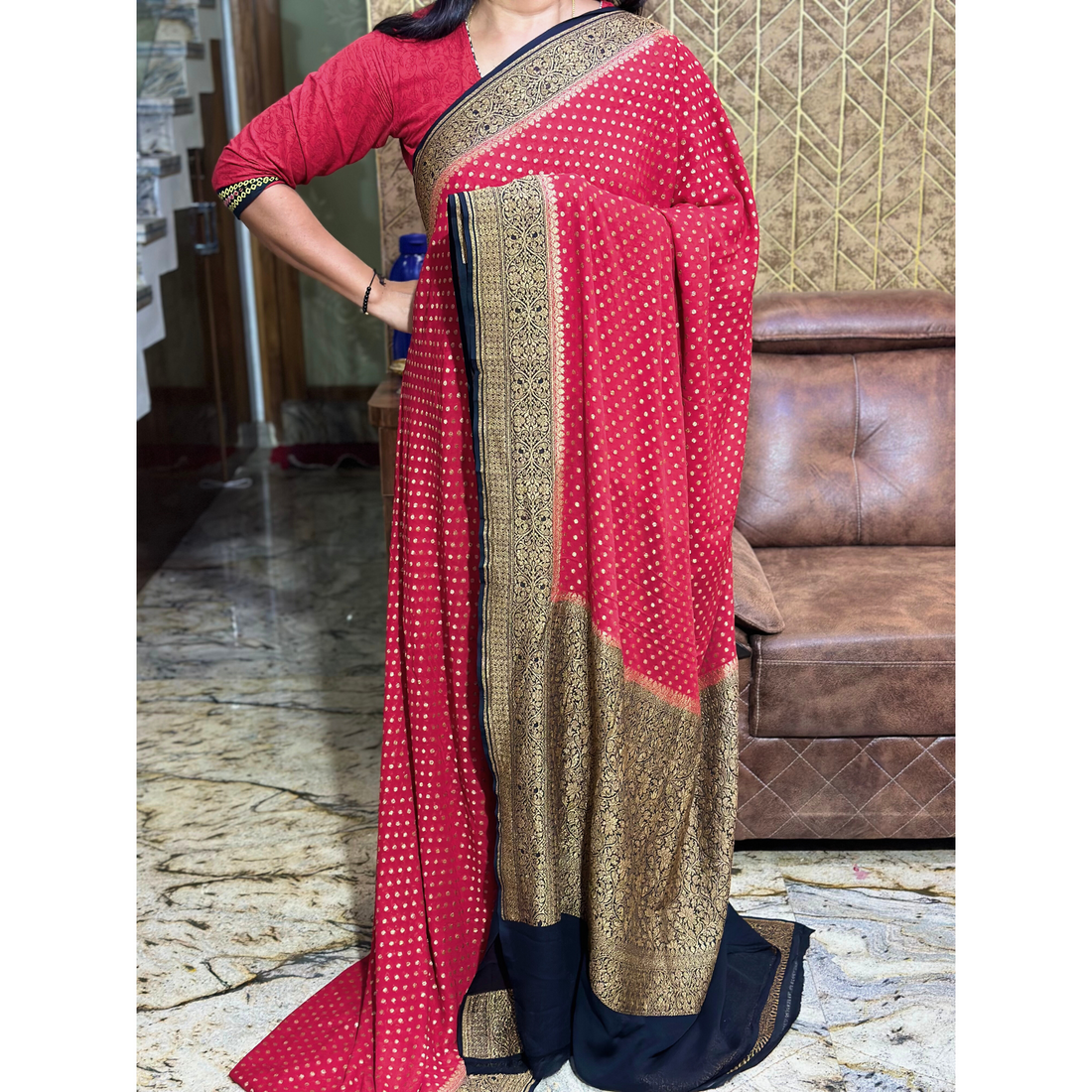 Red and Black Khadi Georgette