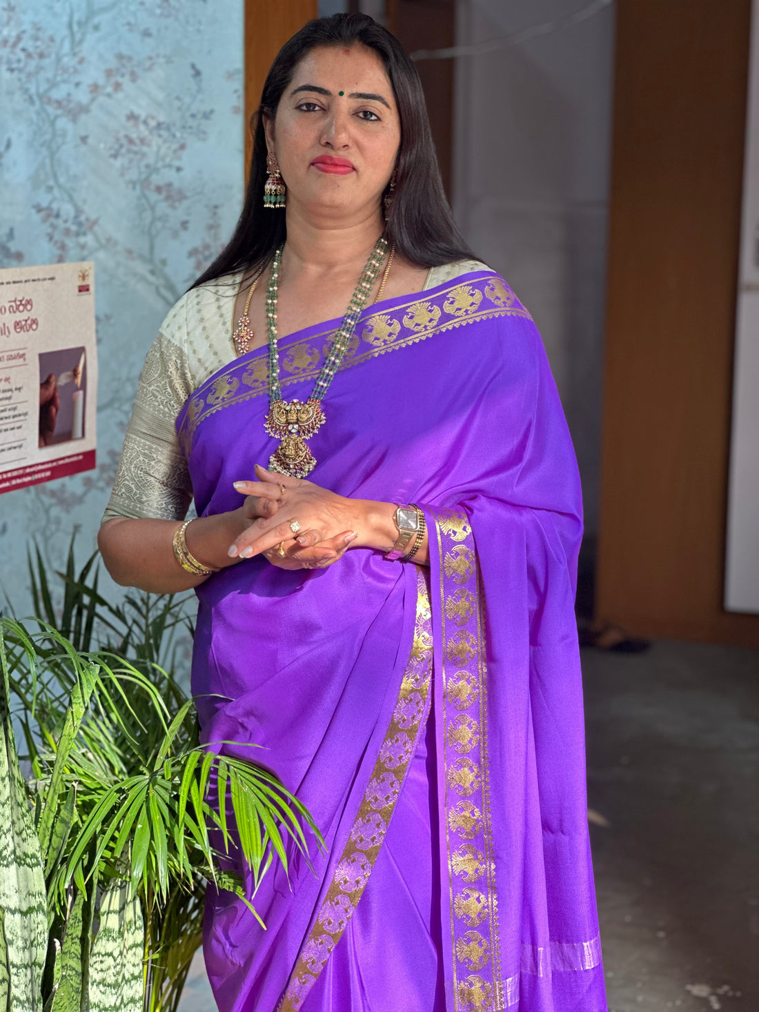 Lavender pure crepe gandaberunda border sarees 120 gsm