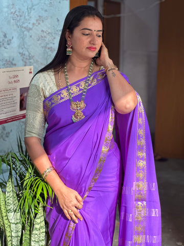 Lavender pure crepe gandaberunda border sarees 120 gsm