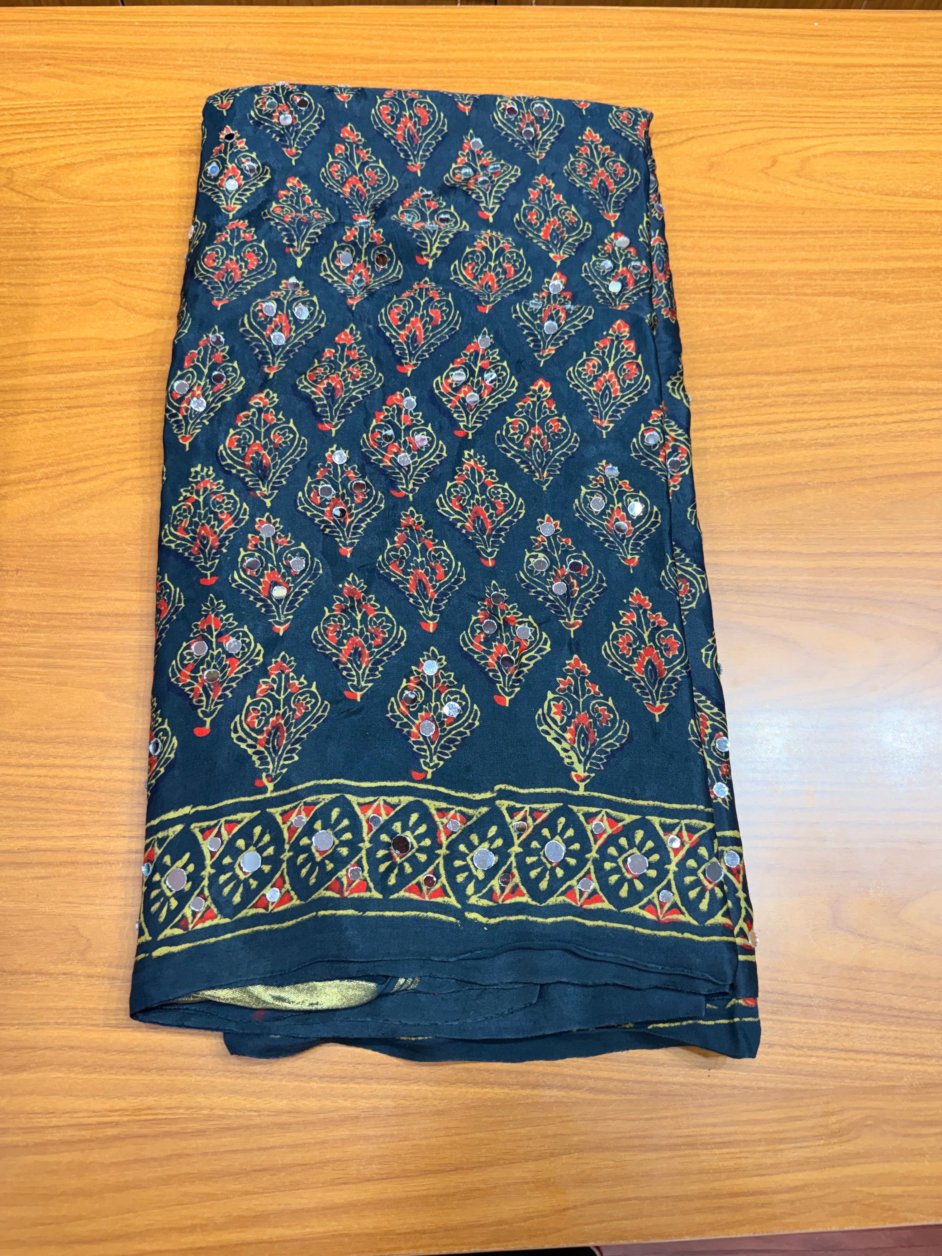 Green ajrak modal mirror work with tissue pallu