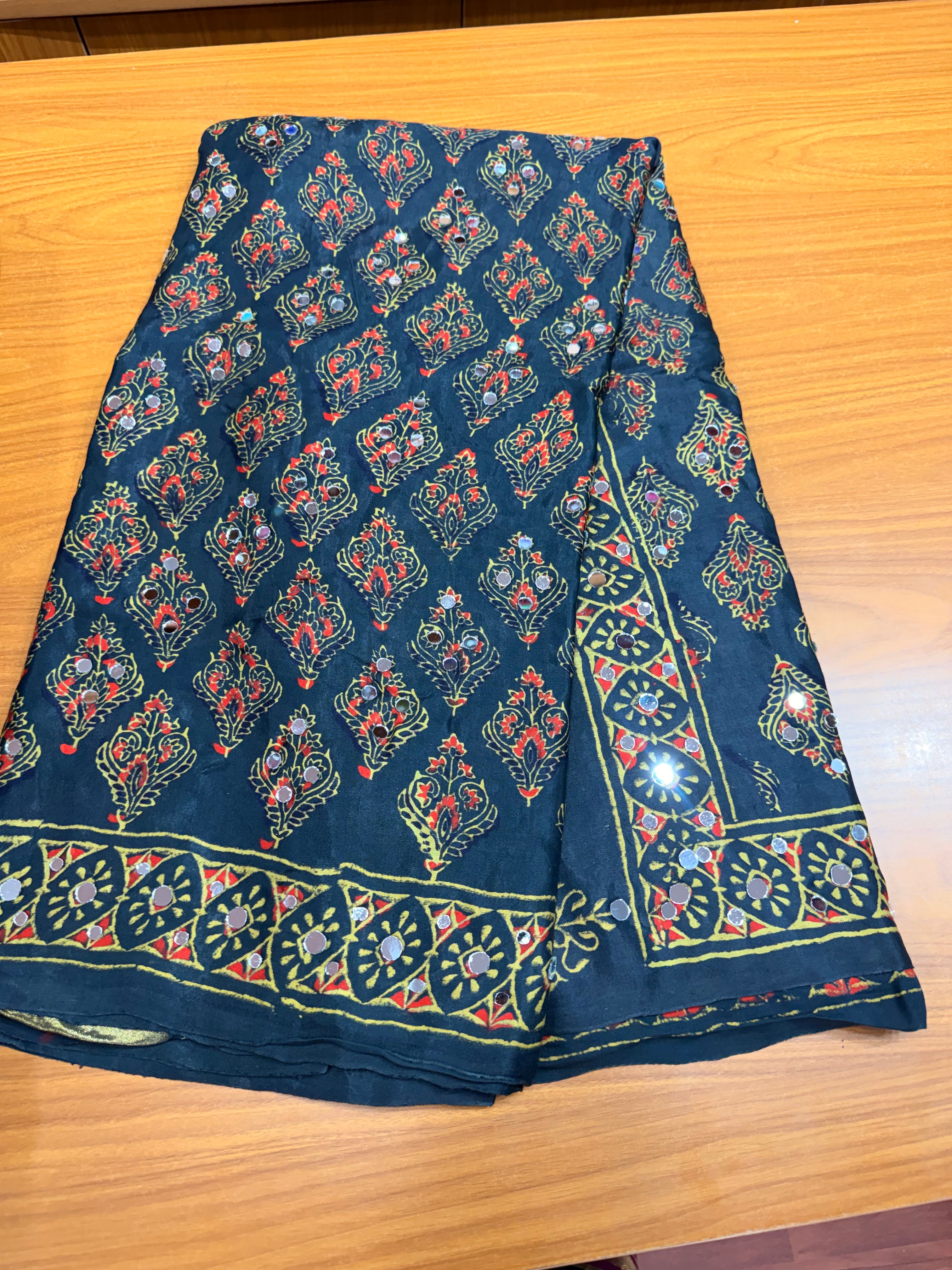 Green ajrak modal mirror work with tissue pallu