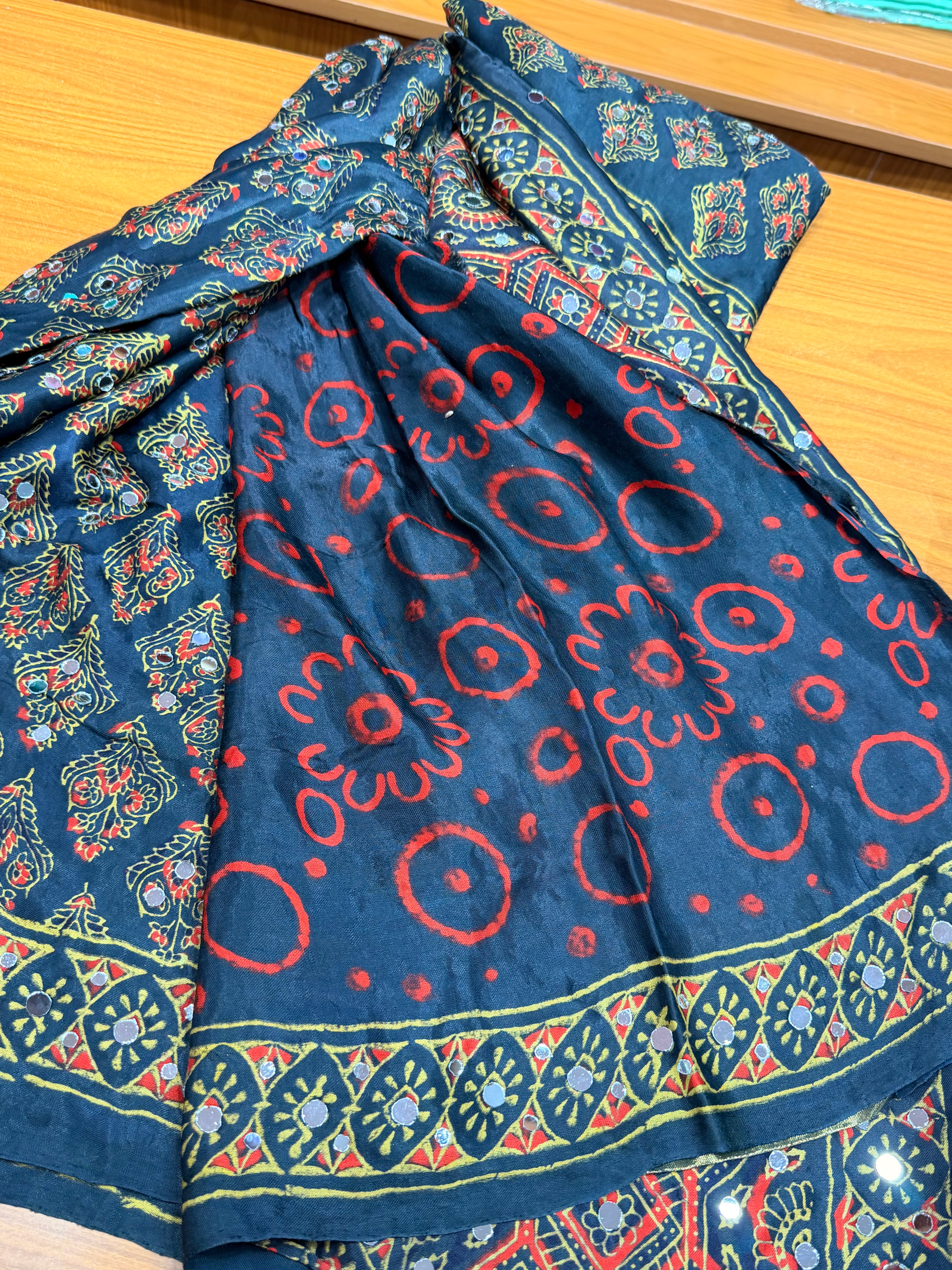 Green ajrak modal mirror work with tissue pallu