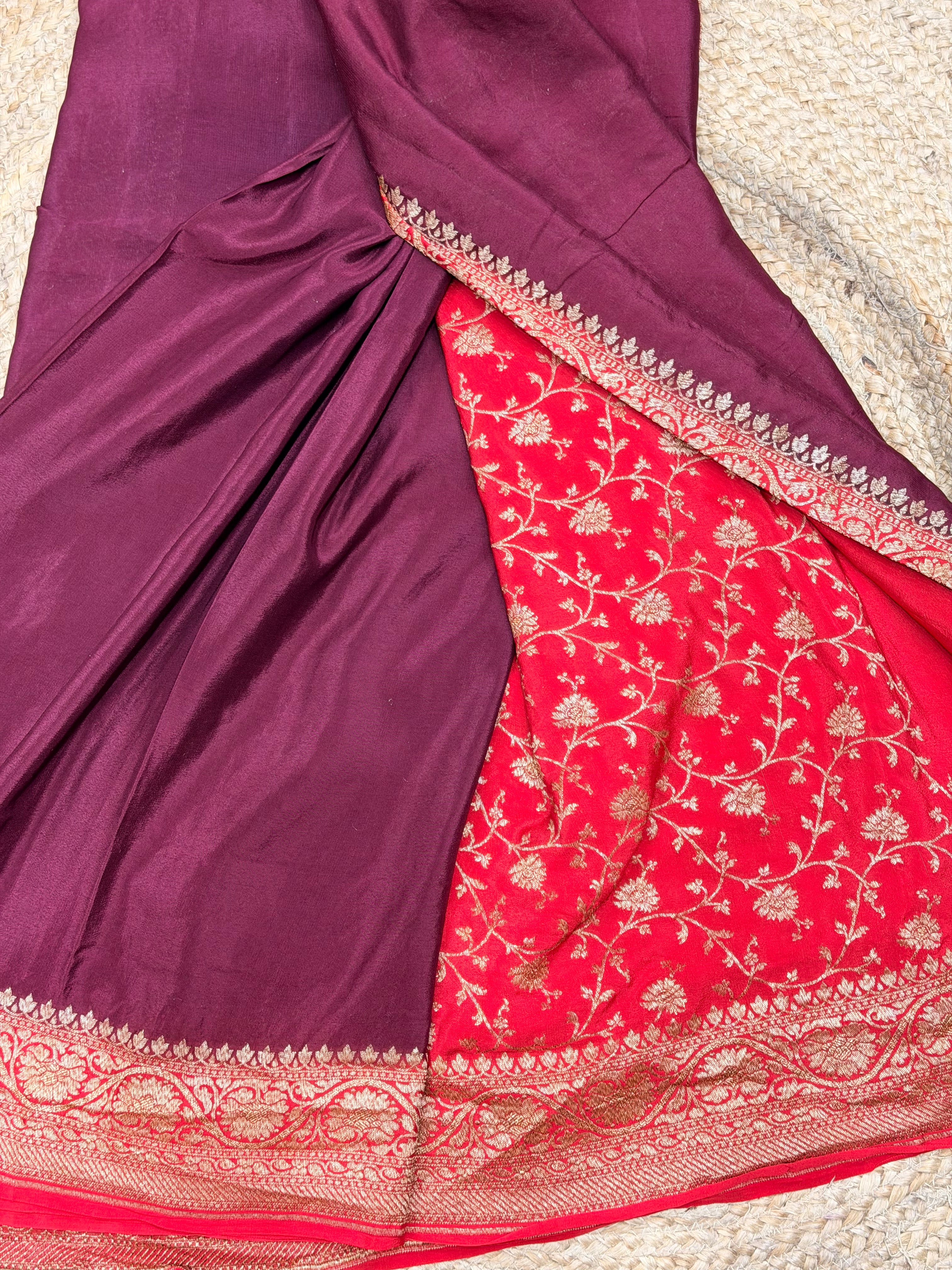 Deep wine with red pure crepe Banaras partley concept