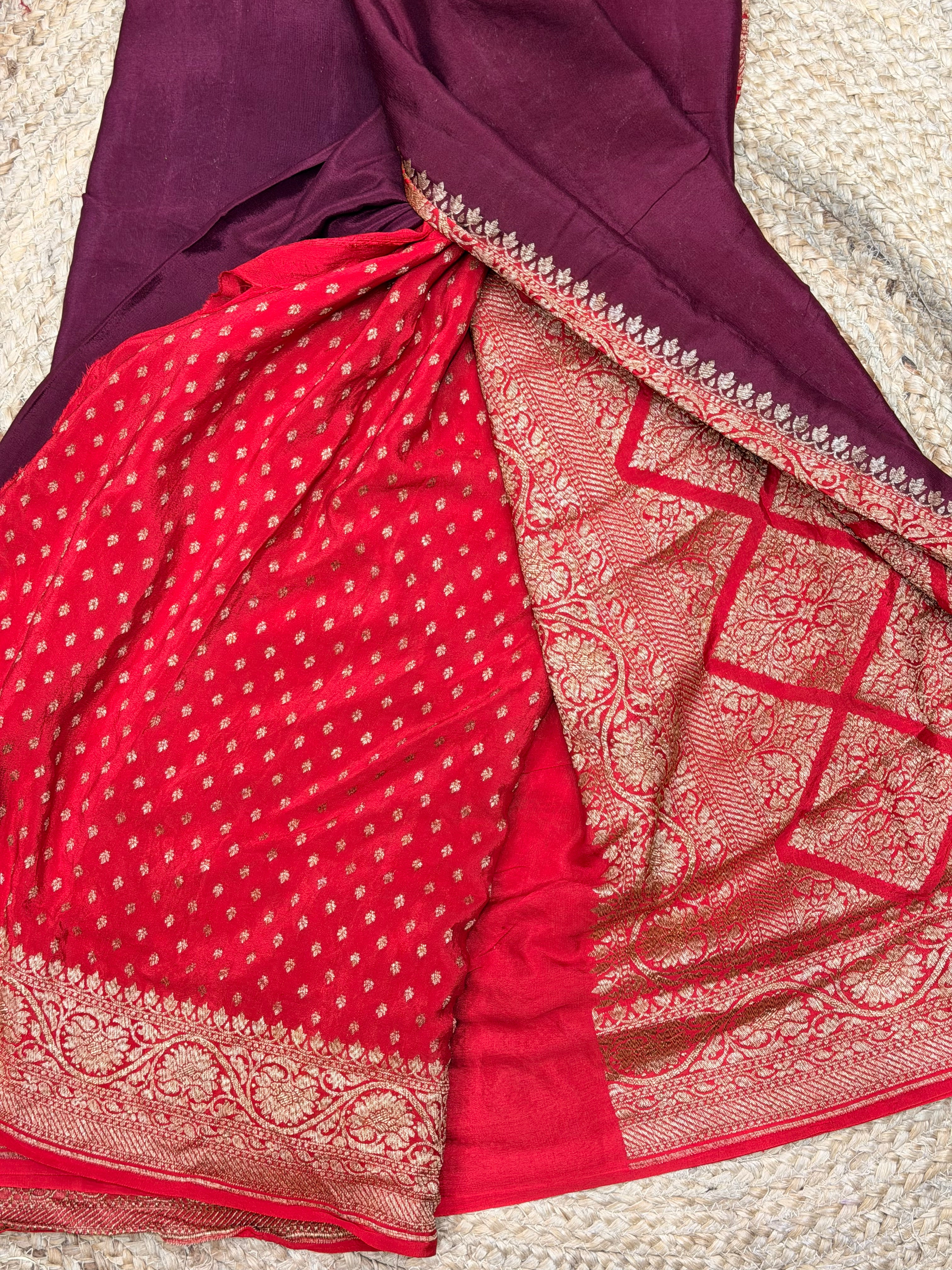 Deep wine with red pure crepe Banaras partley concept