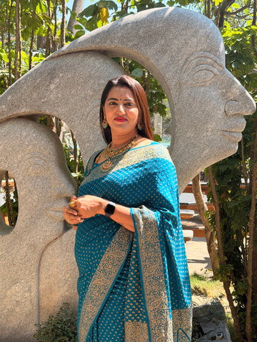 Peacock blue pure crepe banaras silk sarees