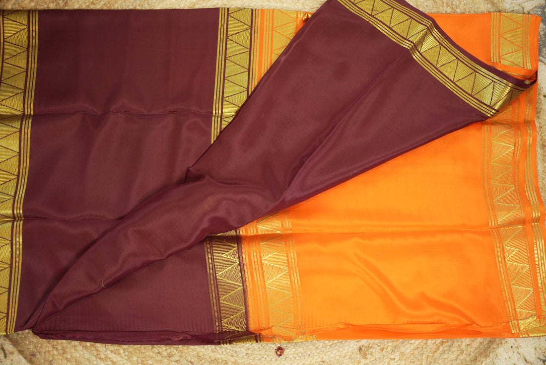 Orange and brown Pure Mysore silk crepe half and half 130gsm
