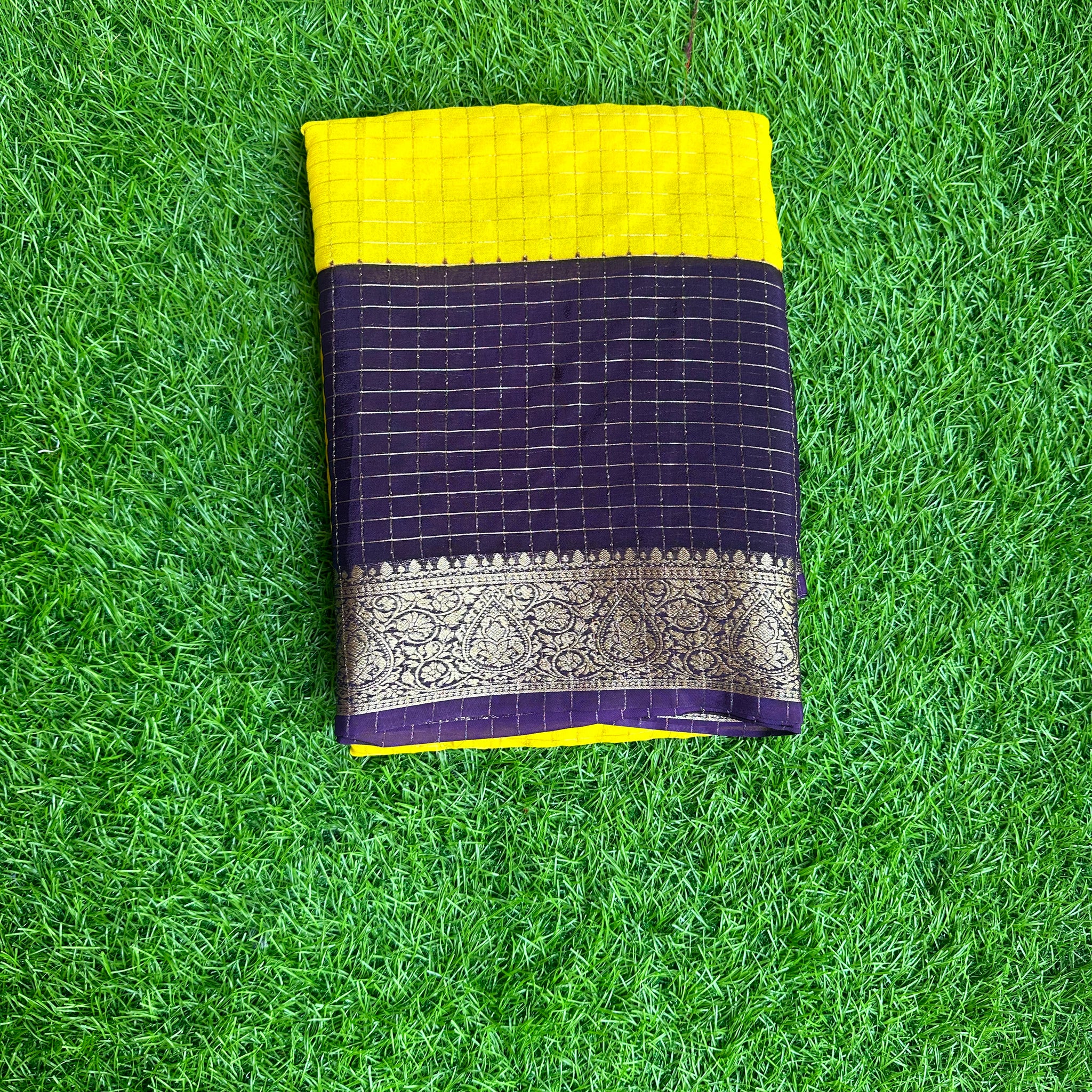 Semi crepe in checks pattern with yellow purple