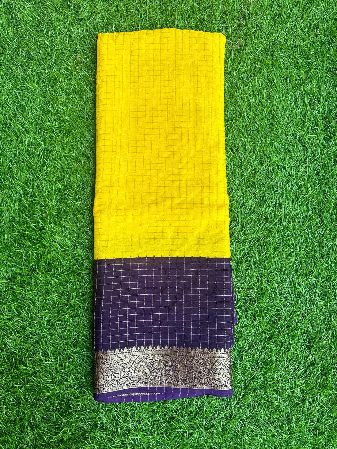 Semi crepe in checks pattern with yellow purple