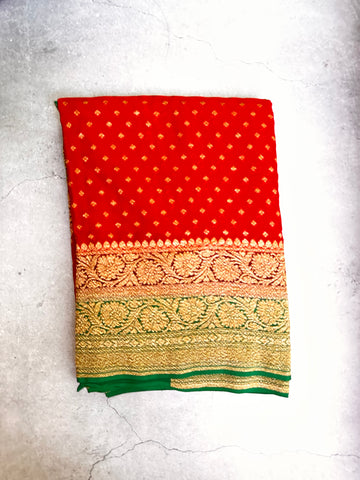 Red pure Khadi Georgette in 3D pattern