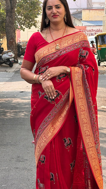 Hot red pure modal dola silk saree