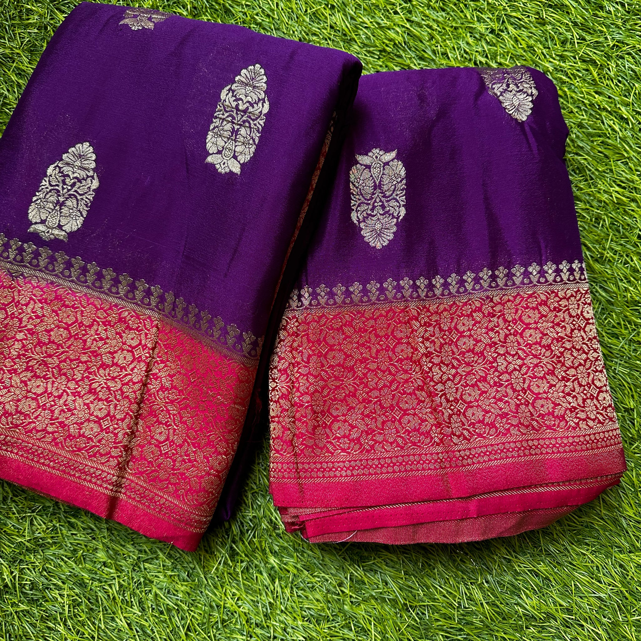 Purple with pink big butta saree