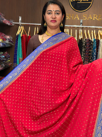 Red and royal blue pure crepe Banaras silk sarees
