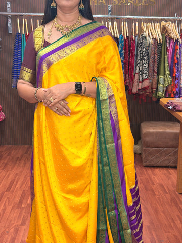 Mango yellow with purple green thousand butta Mysore silk saree