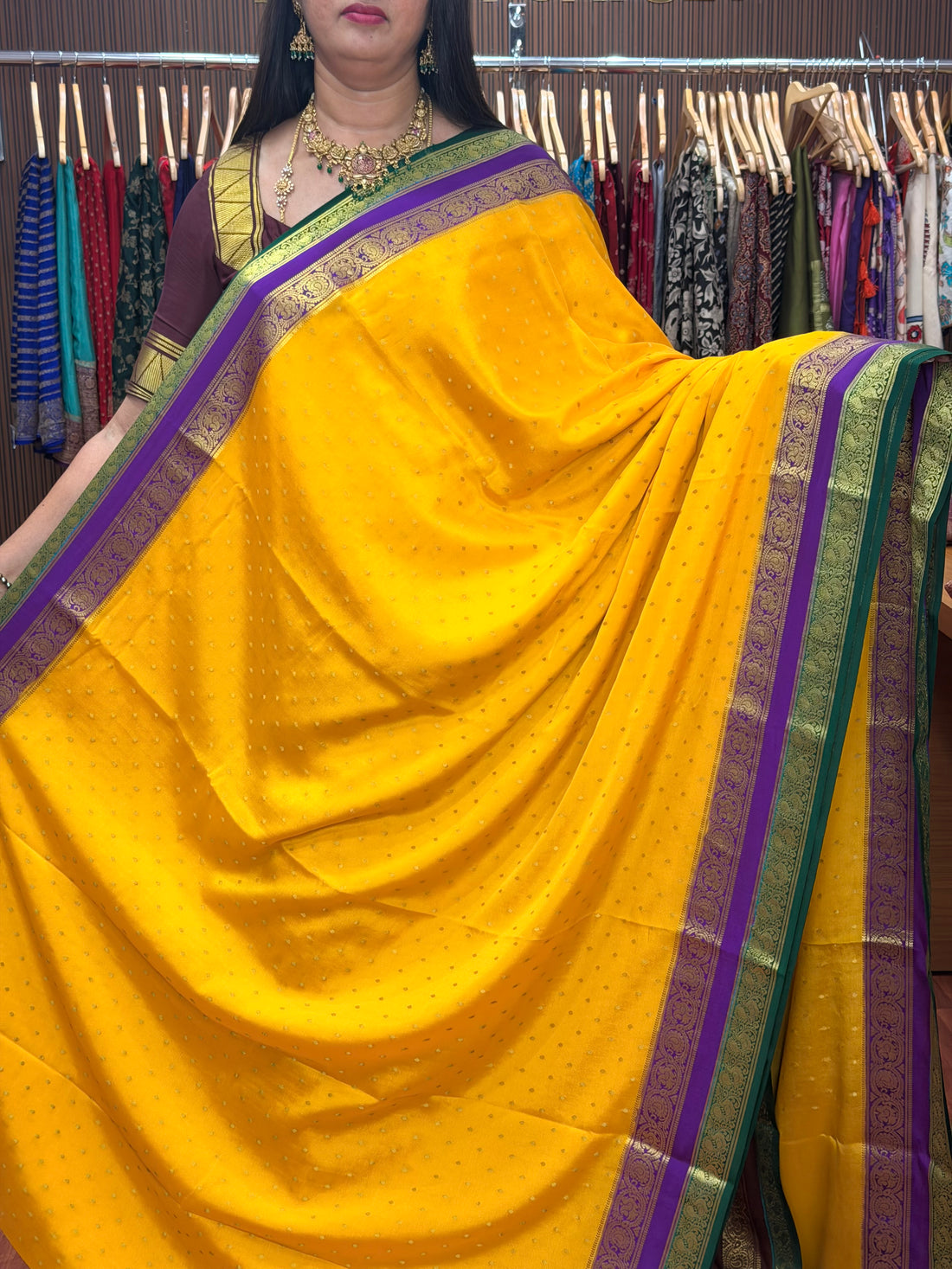 Mango yellow with purple green thousand butta Mysore silk saree