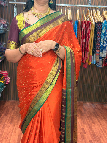Rust orange with coffee brown green thousand butta sarees