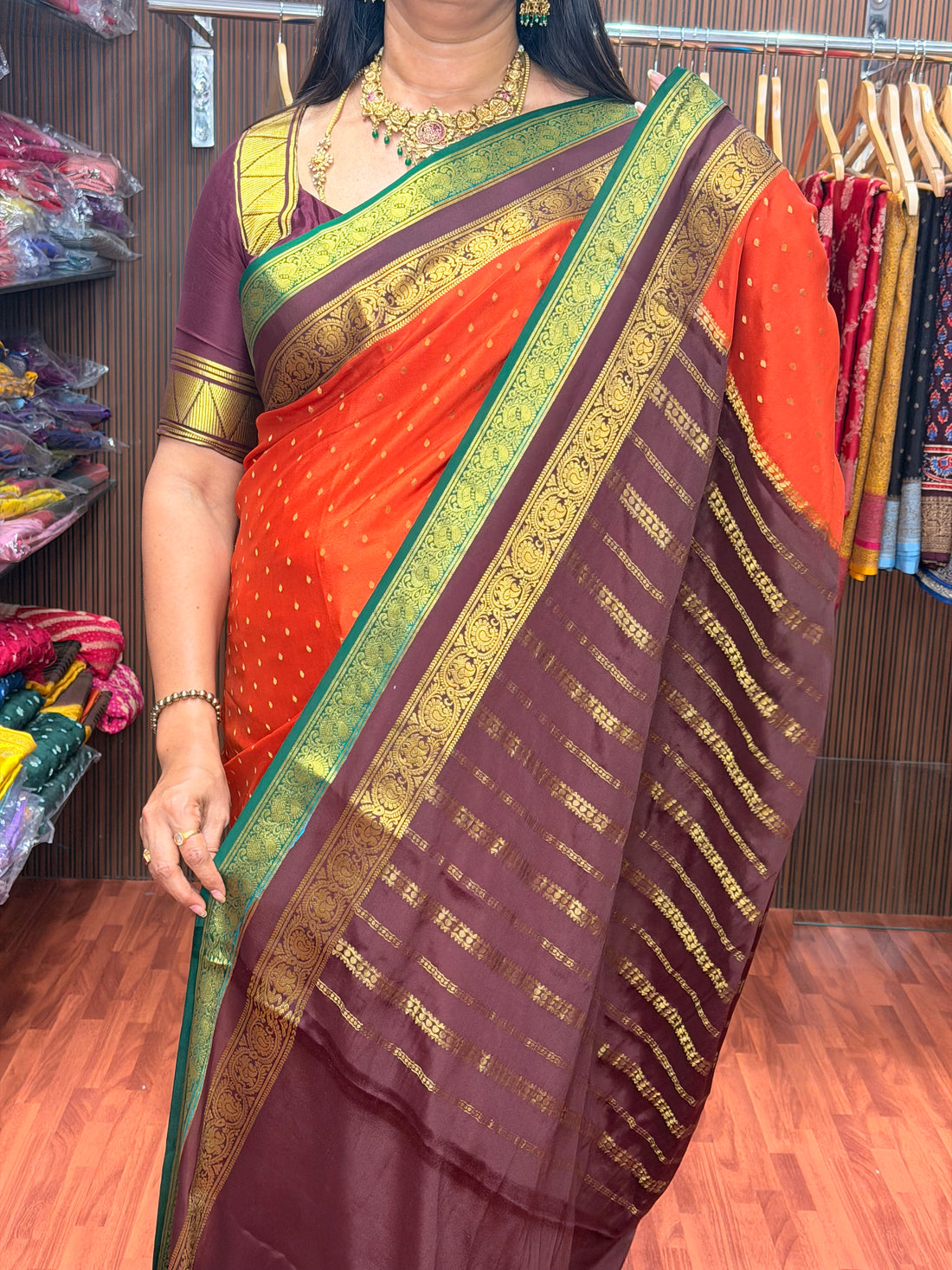 Rust orange with coffee brown green thousand butta sarees