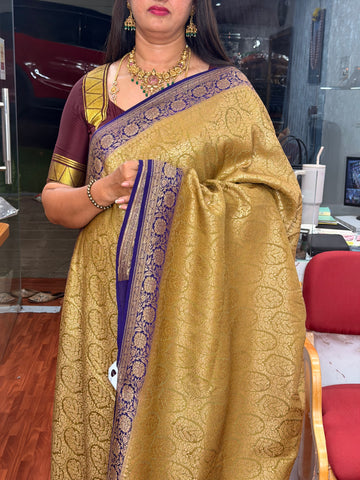 Gold with purple pure brocade crepe banaras silk sarees