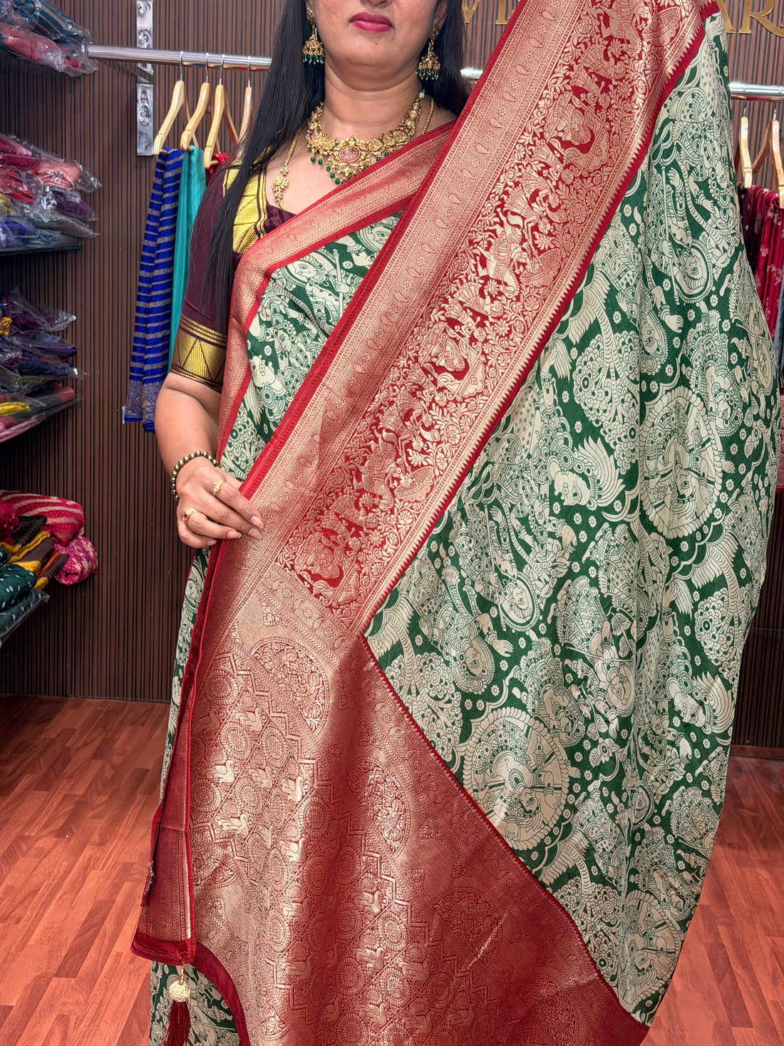 Green and red kalamkari dola silk