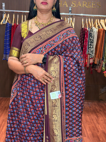 Coffee brown ajrak dola silk sari woven border