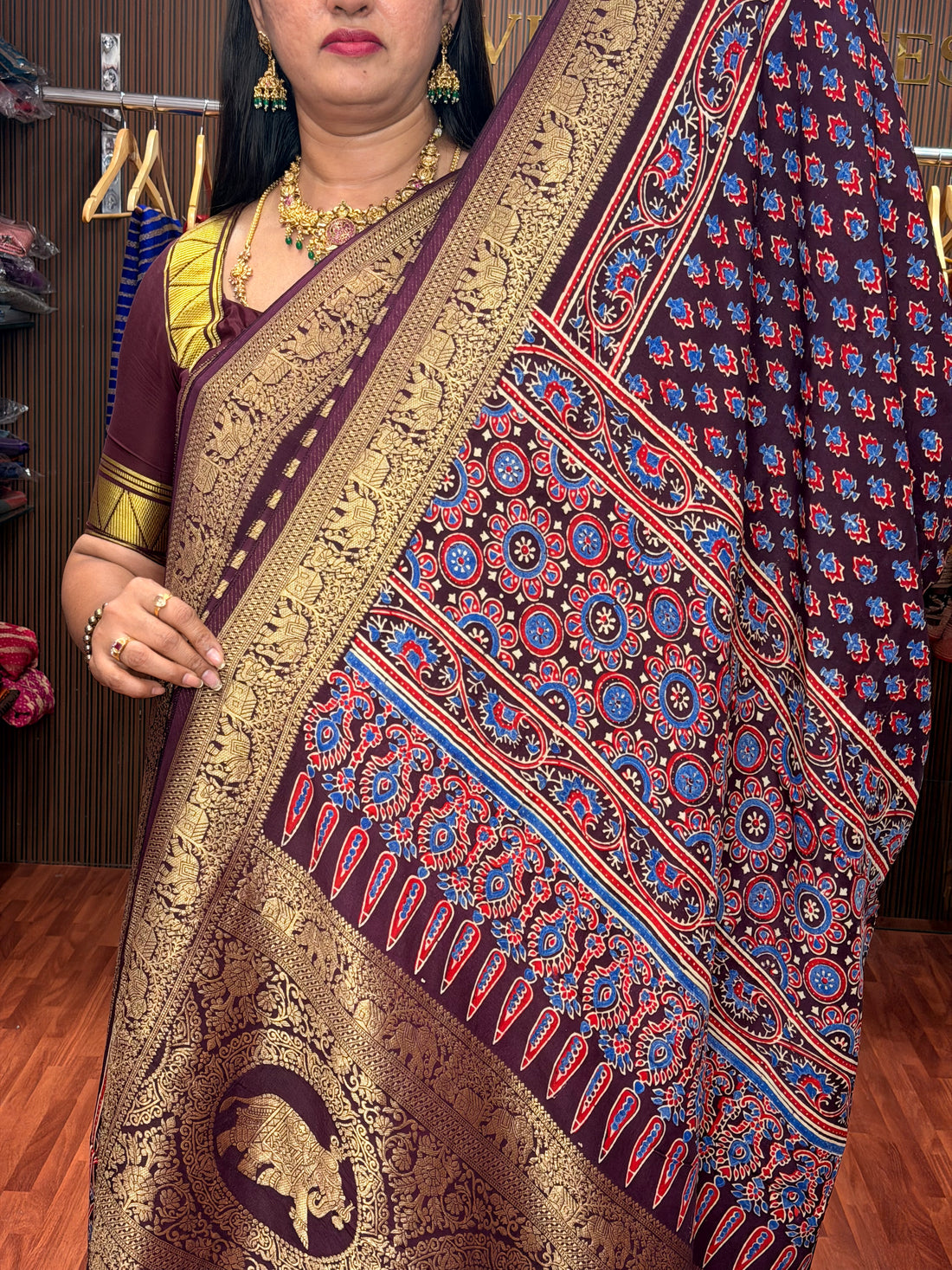 Coffee brown ajrak dola silk sari woven border