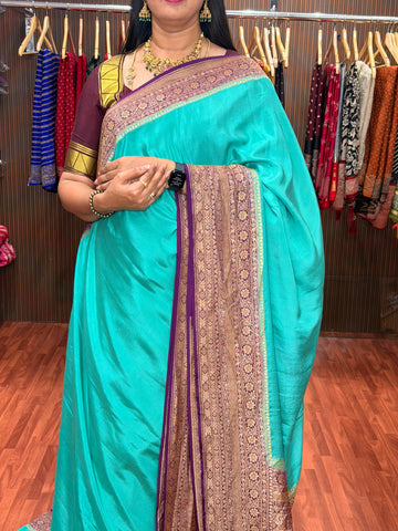 Teal blue with purple pure crepe banaras silk sarees