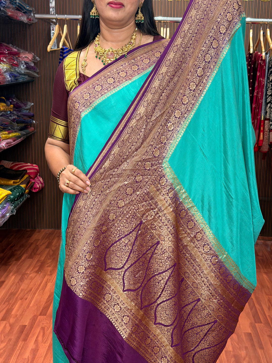 Teal blue with purple pure crepe banaras silk sarees