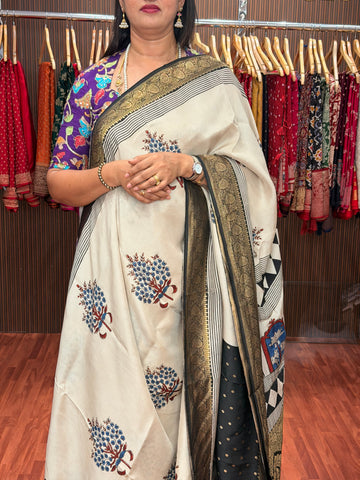 Half white with black pure ajrak dola silk sarees