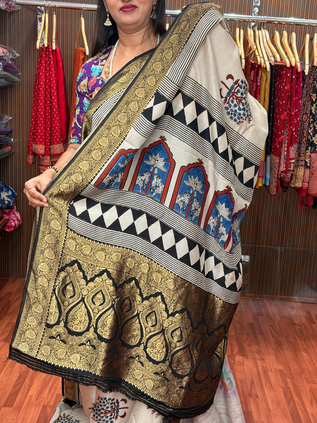 Half white with black pure ajrak dola silk sarees