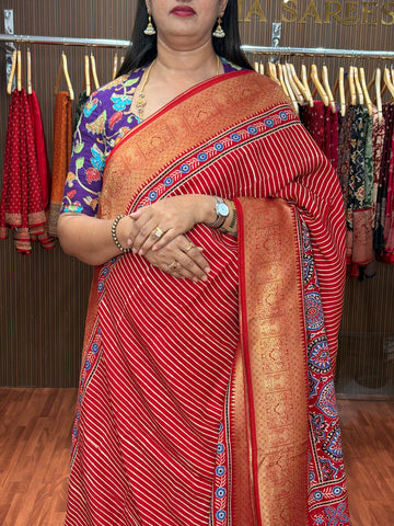 Hot red pure ajrak modal silk saree