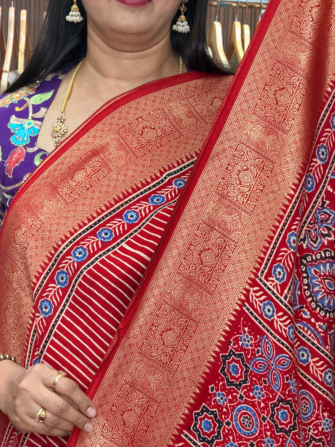Hot red pure ajrak modal silk saree