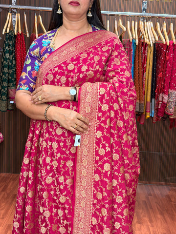 Hot pink pure crepe banaras Jamal pattern silk saree