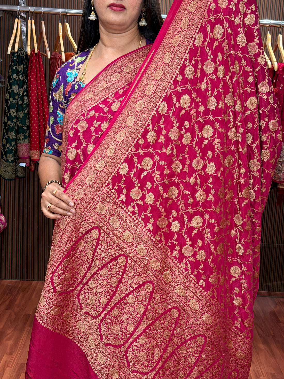 Hot pink pure crepe banaras Jamal pattern silk saree