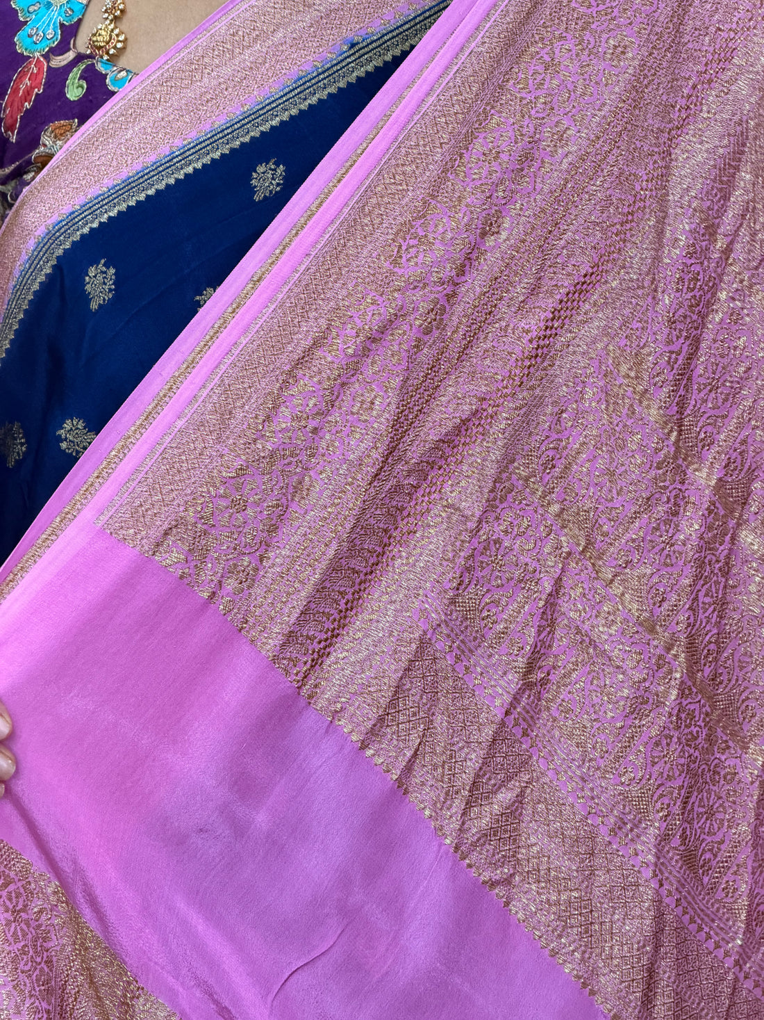 Deep blue with lotus pink pure crepe banaras