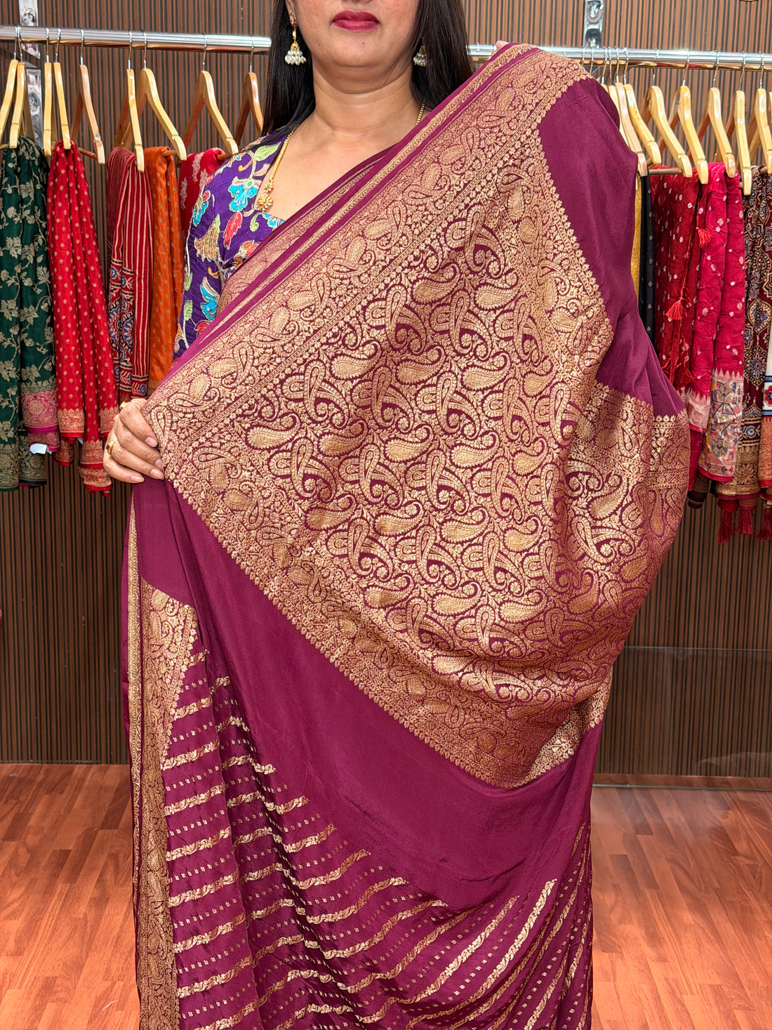 Grape wine pure crepe banaras silk sarees with brocade blouse