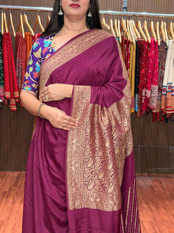 Grape wine pure crepe banaras silk sarees with brocade blouse