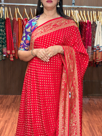 Hot red pure crepe banaras silk sarees