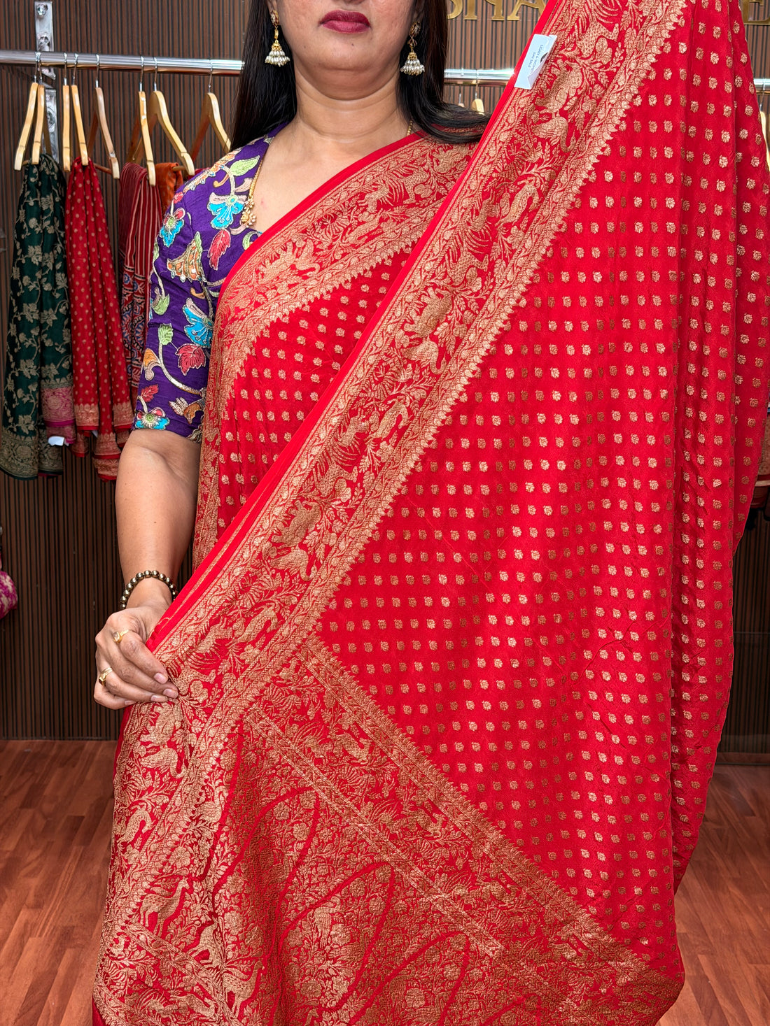 Hot red pure crepe banaras silk sarees