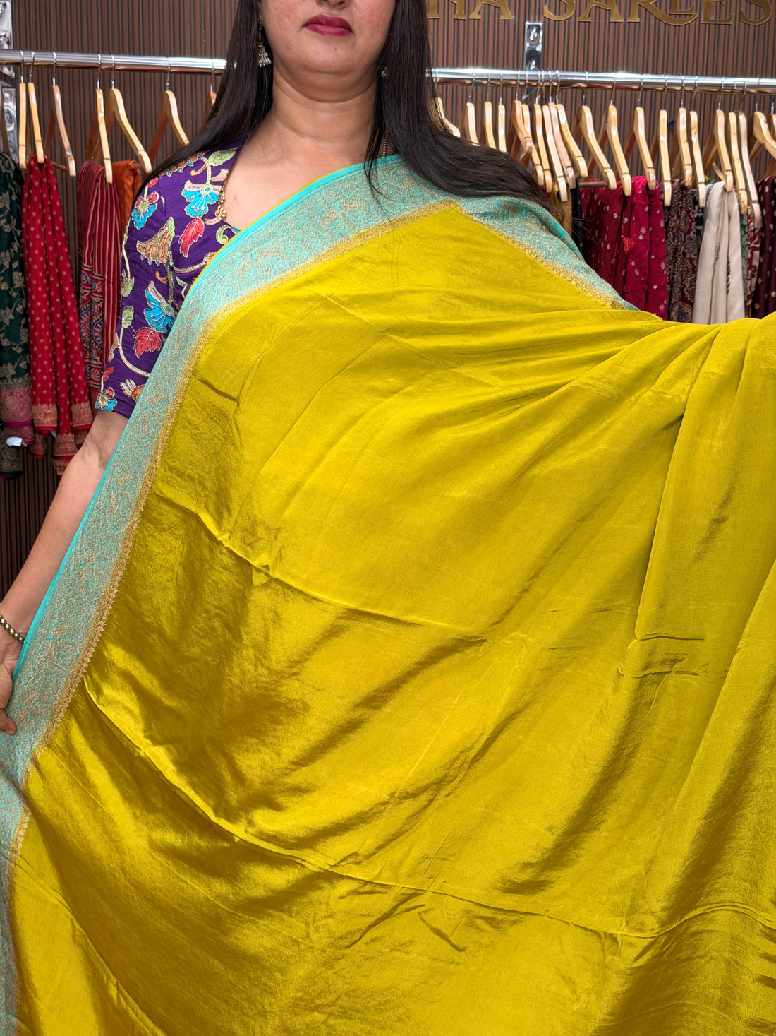 Neon green and sea green pure crepe banaras