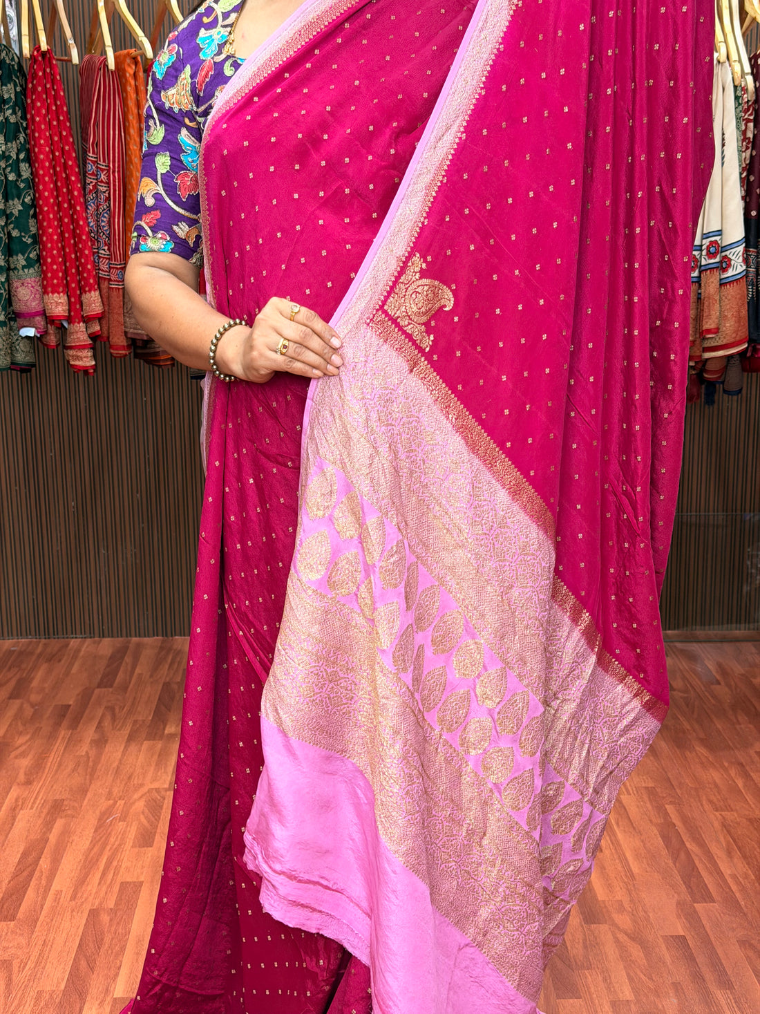 Hot pink and lotus pink pure crepe banaras