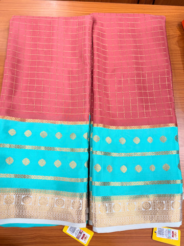 Pastel pink and Rama green 3d crepe Mysore silk sarees
