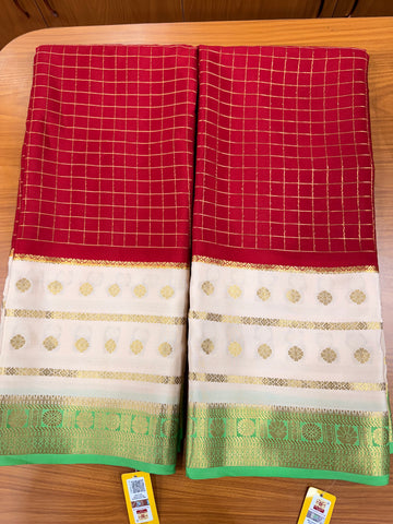 Red and cream 3d pattern Mysore silk crepe silk sarees