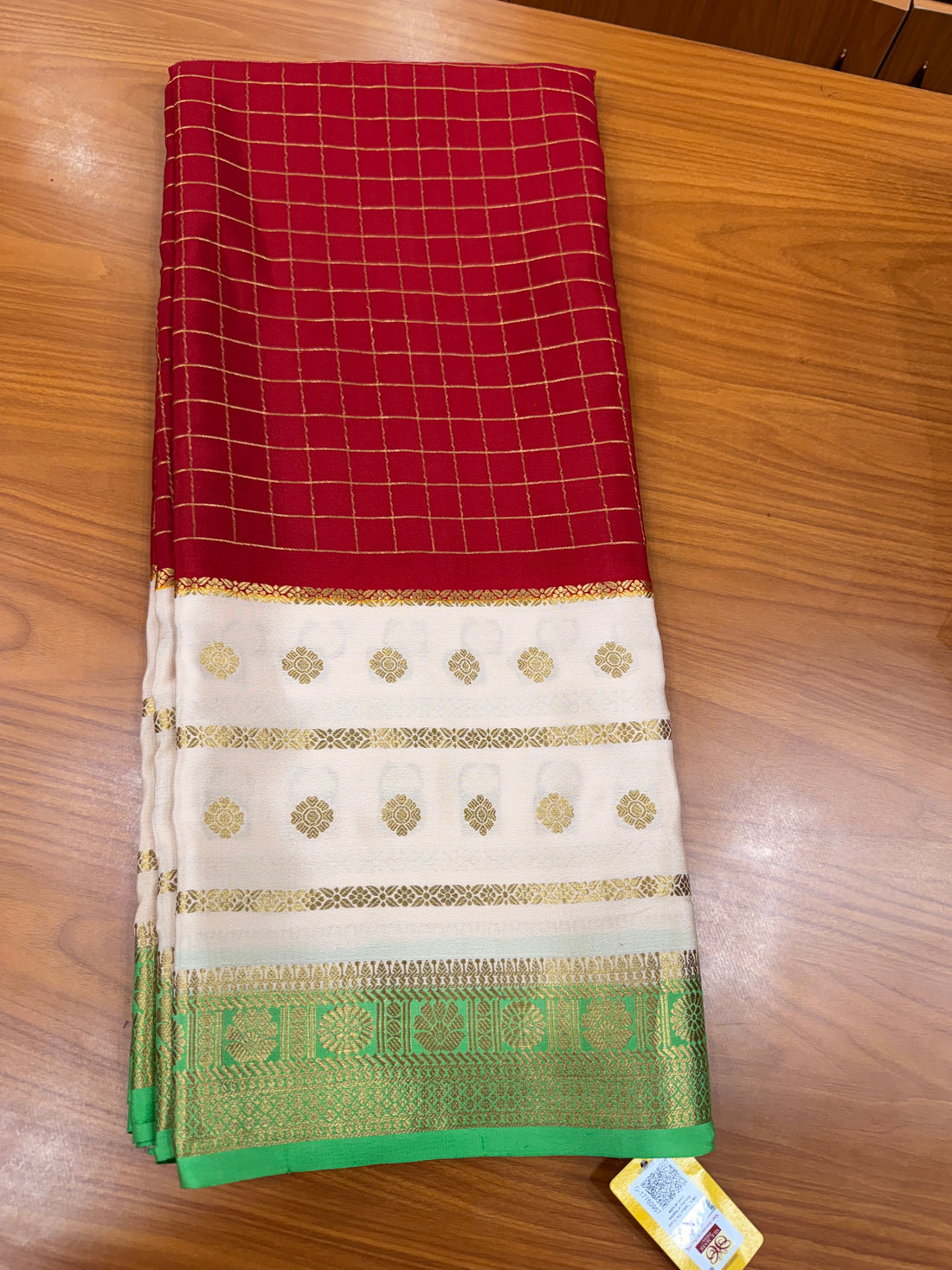 Red and cream 3d pattern Mysore silk crepe silk sarees
