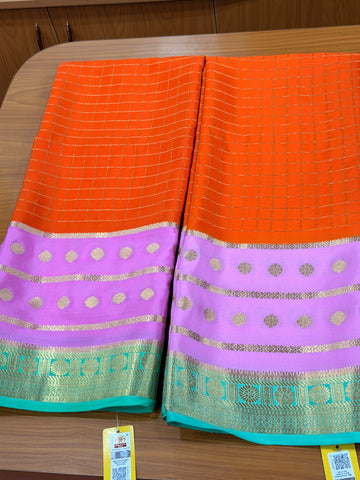 Orange and pink green 3d crepe Mysore silk sarees