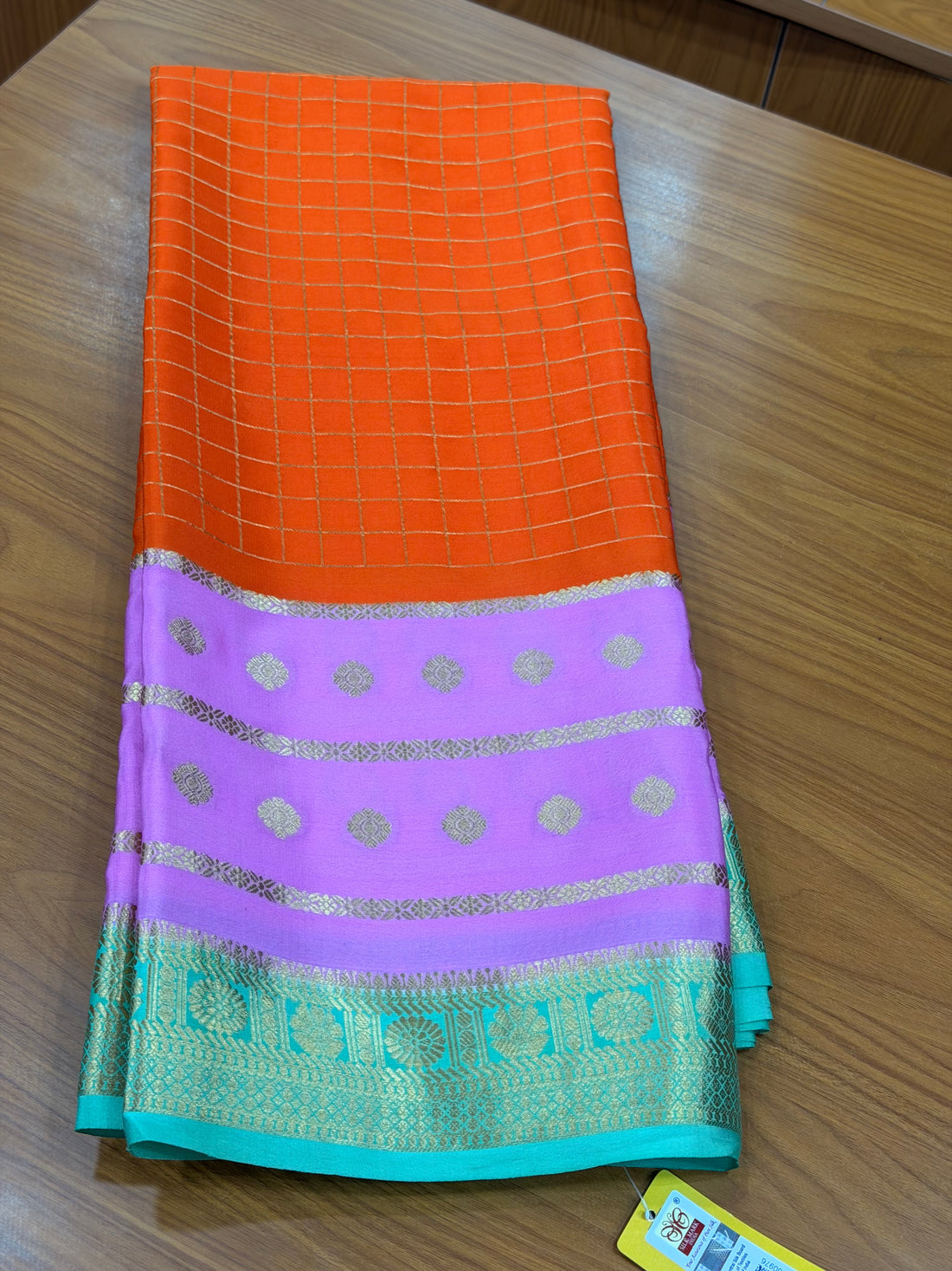 Orange and pink green 3d crepe Mysore silk sarees